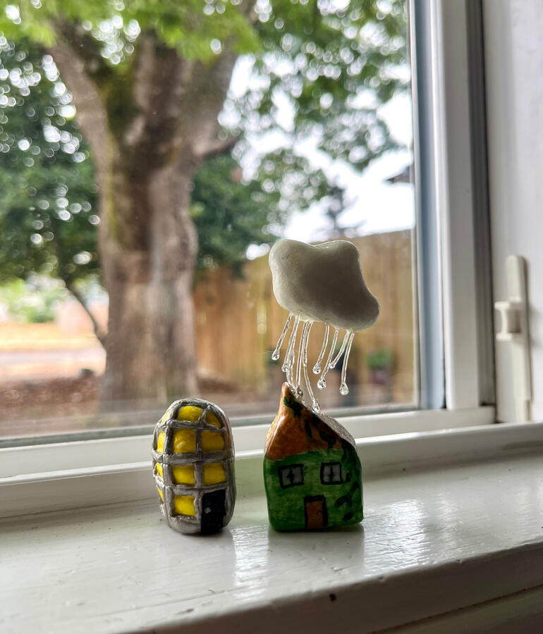 OTHER ART TYPES / two clay fabulism houses from a series / CLICK FOR PAPER, RESIN, FIBER, GLASS, JEWELRY, AND MORE