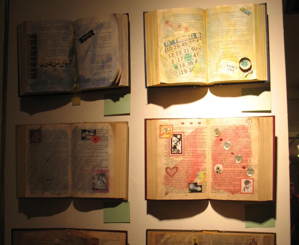 Book collages on display in Durham, NC