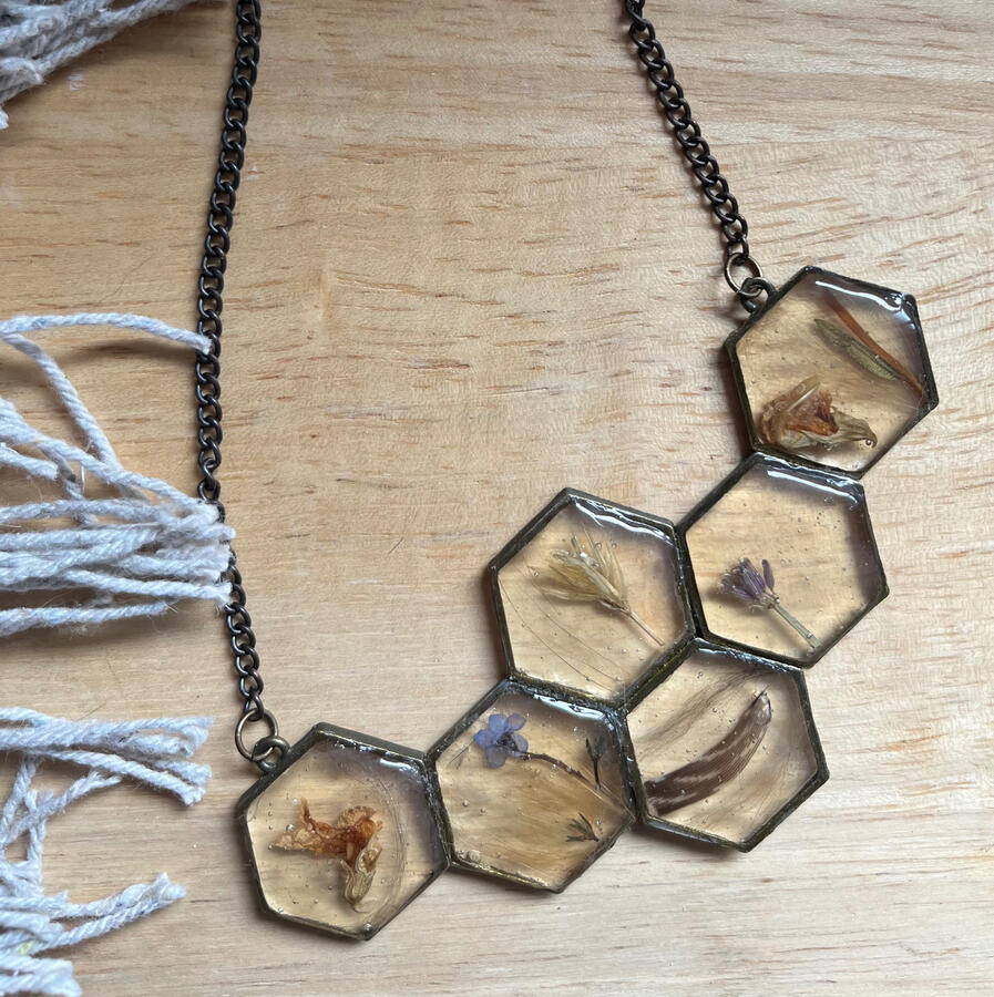 Dried flowers and cat fur beehive necklace